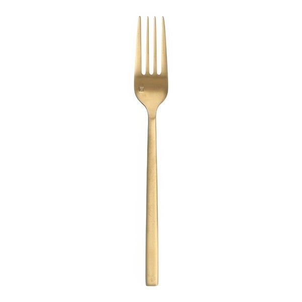 A Fortessa Arezzo brushed gold stainless steel table fork with a long handle.