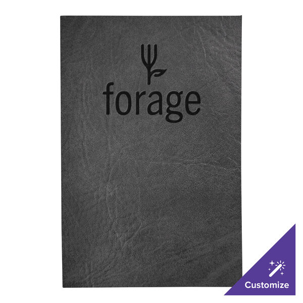 A black leather H. Risch, Inc. menu cover with a logo on it.