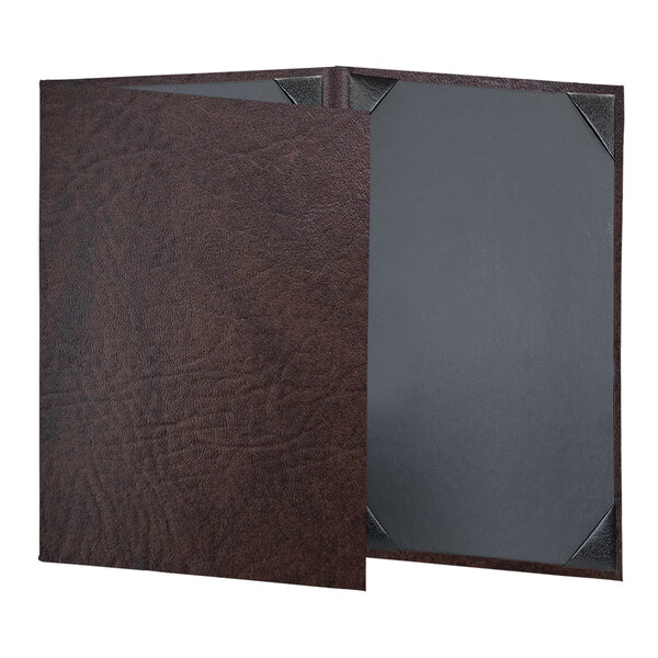 A brown rectangular menu cover with black corners.