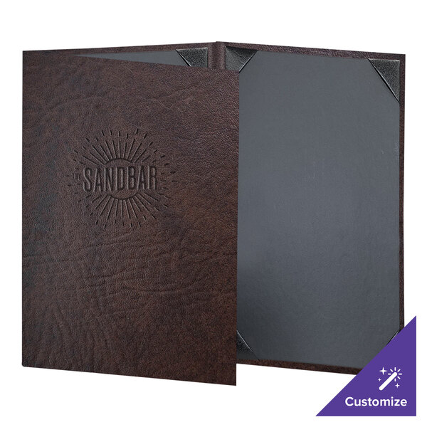 A brown leather H. Risch, Inc. menu cover with a logo on it.