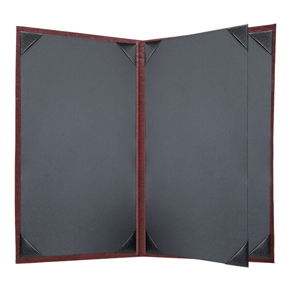 A grey rectangular menu cover with a red border and black leather.