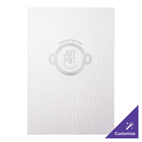 A white paper menu cover with a logo on it.