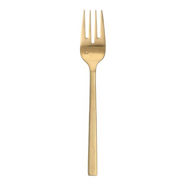 A Fortessa Arezzo brushed gold stainless steel salad/dessert fork with a handle.