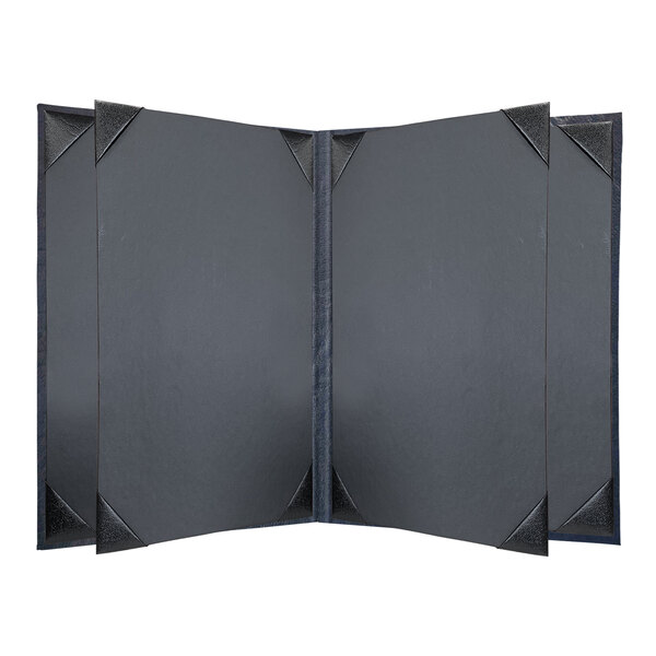 A navy menu cover with a black border and 6 views.