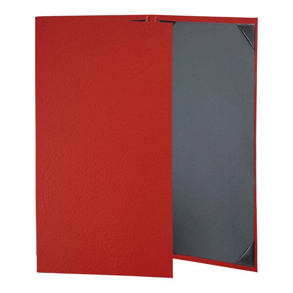 A red leather menu cover with grey pages.