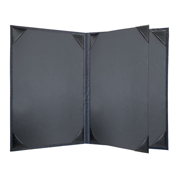 A navy blue menu cover with black corners.