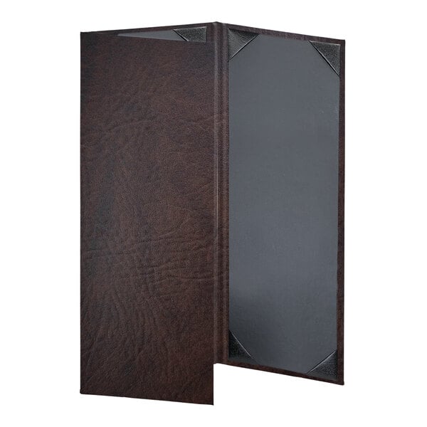 A brown leather menu cover with black trim.