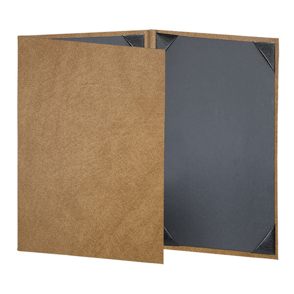 A brown menu cover with black corners and a brown border.