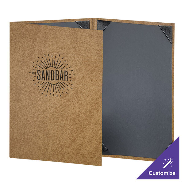 A brown menu folder with black corners on a table.