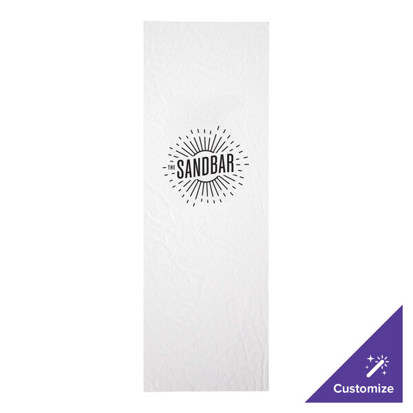 A white rectangular menu cover with a white and black logo with rays.