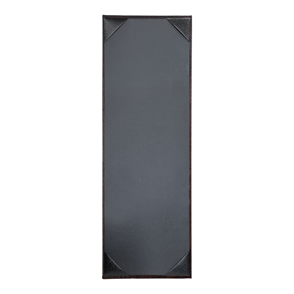 A brown rectangular menu cover with black corners and black lines.