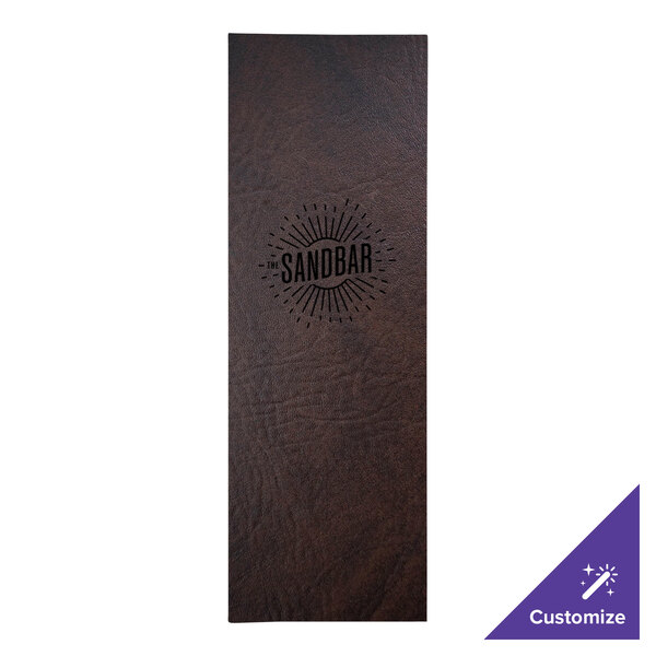 A brown leather rectangular menu cover with a logo on it.