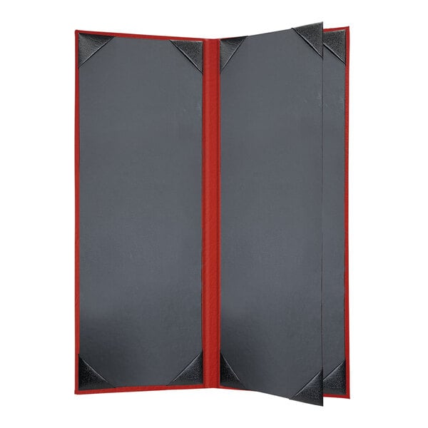 A grey rectangular menu cover with a red border and red stripes.