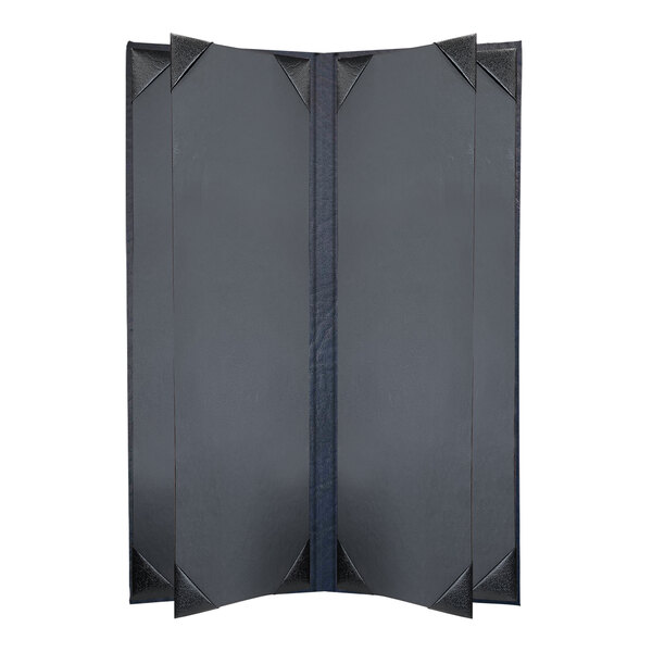 A navy blue menu cover with black corners and 6 views.