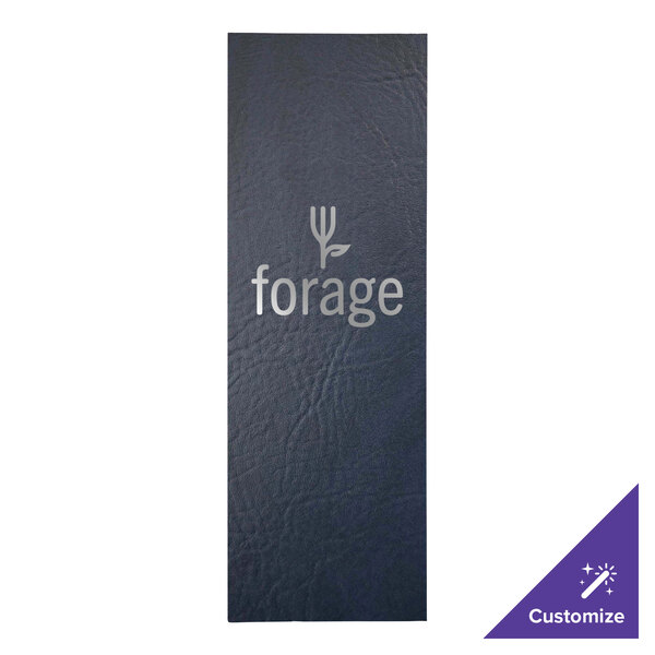 A navy rectangular leather menu cover with a logo on it.