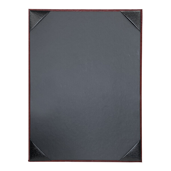 A black rectangular menu cover with a wooden frame and red corners.