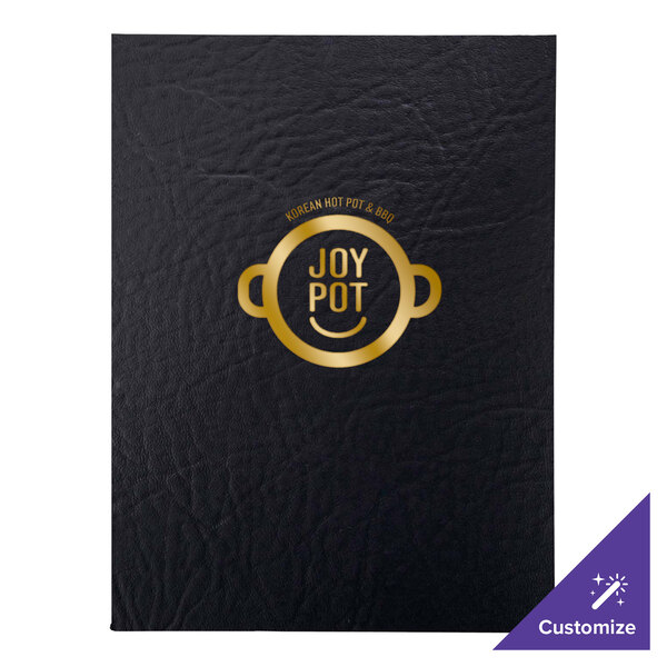 A black leather H. Risch, Inc. menu cover with a customizable logo.