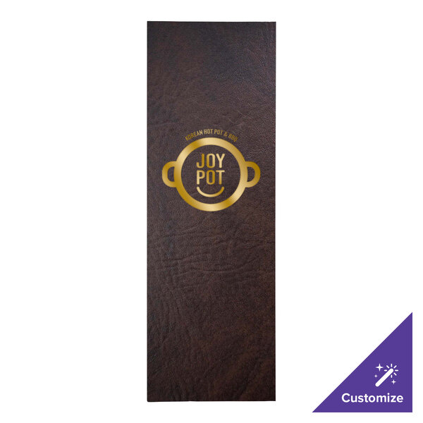 A brown rectangular menu cover with a gold logo.