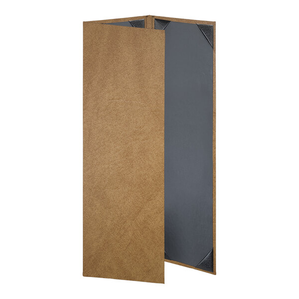 A brown rectangular menu cover with black corners.