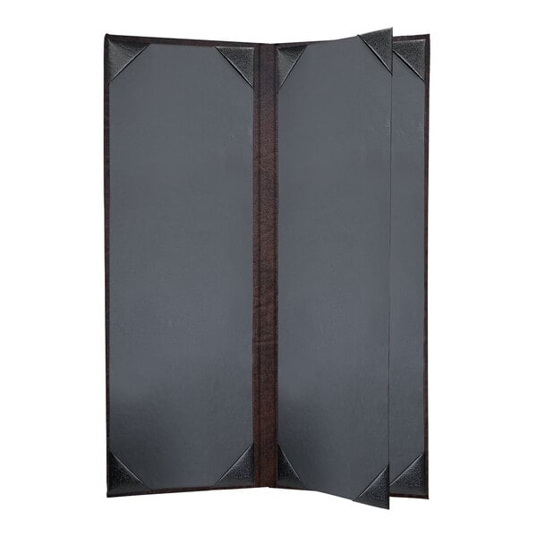 A brown menu cover with black trim and customizable inserts.