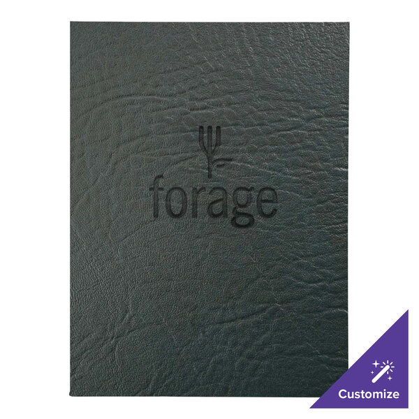 A black leather menu cover with a green logo on it.