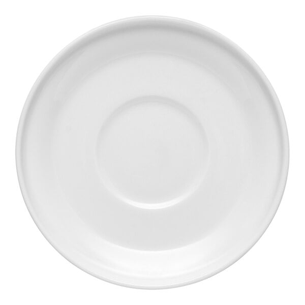 A white Libbey porcelain saucer with a small rim.