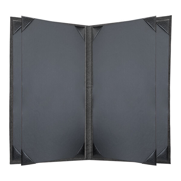 A charcoal menu cover with black corners.