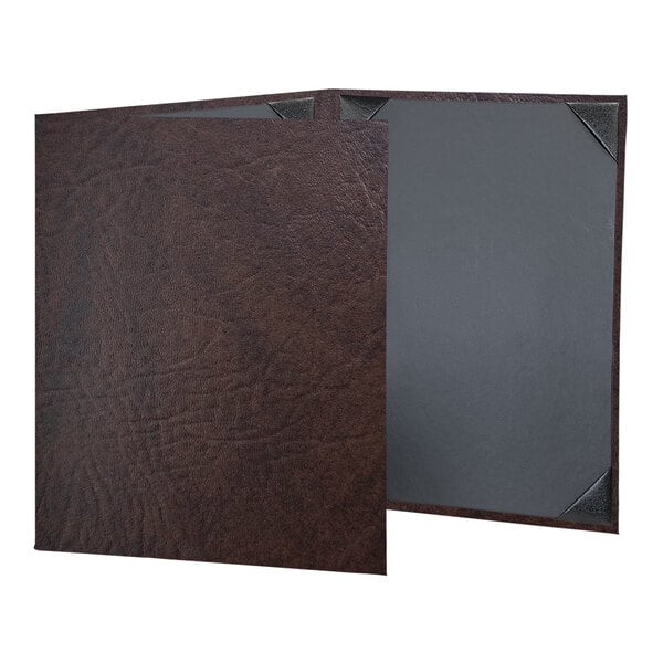 A brown leather menu cover with black corners.