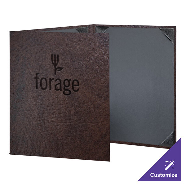 A brown leather H. Risch, Inc. menu cover with a black logo.