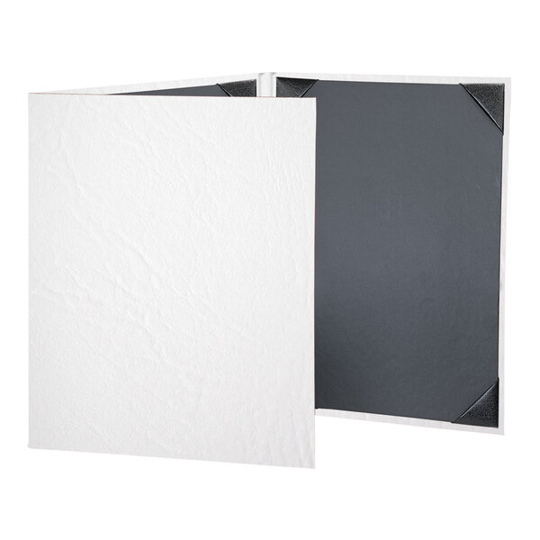 A white rectangular menu cover with white bordering and black binding.