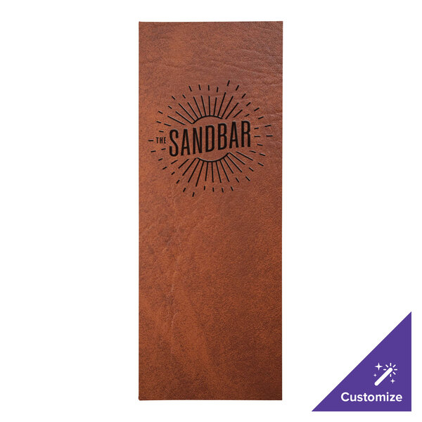 A brown leather rectangular menu cover with black customizable text that reads "Sandbar" and a logo with lines in the center.