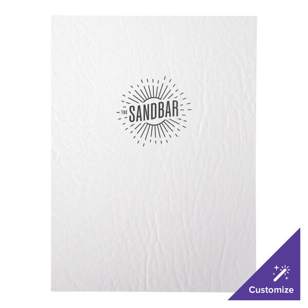 A white menu cover with black text on it.