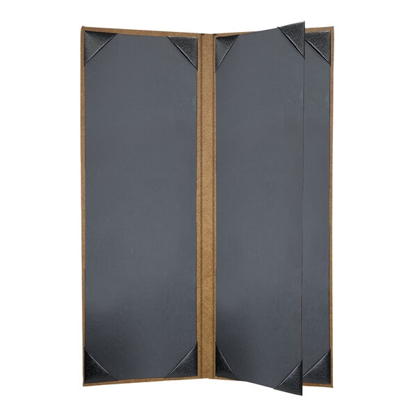 A grey rectangular menu cover with a brown strip on the edge.