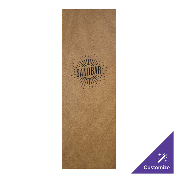 A brown rectangular menu cover with black text on it.