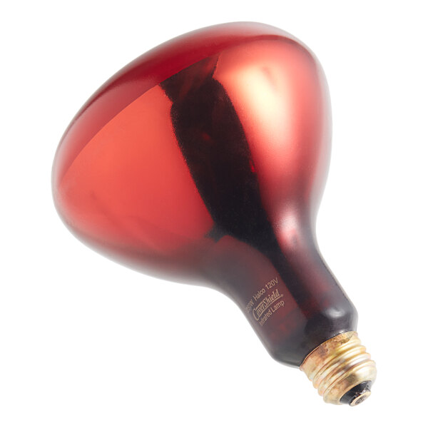 A close-up of a Hatco infrared heat lamp bulb with a red coating and a black base.