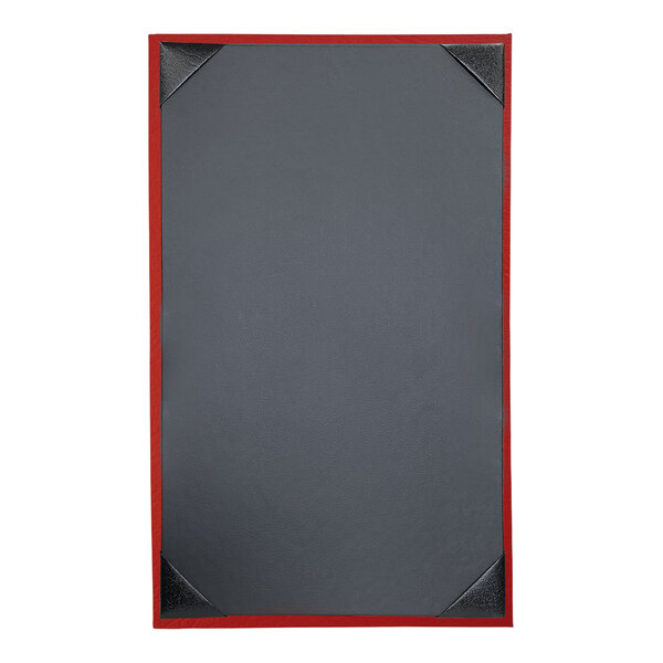 A black menu cover with a red border.