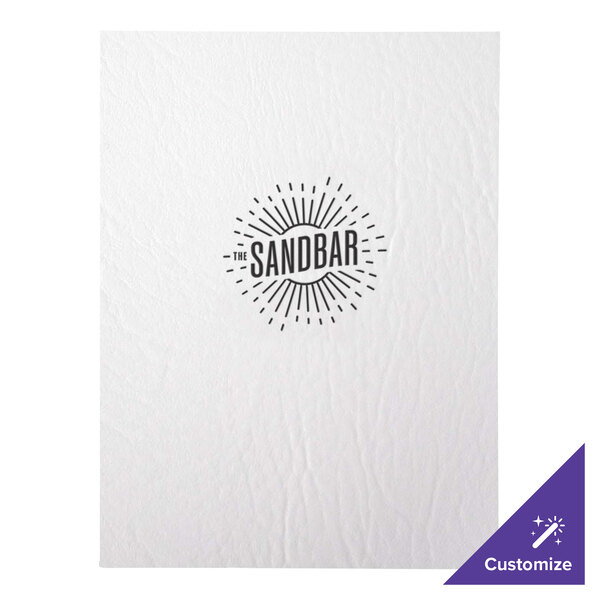 A white menu cover with black text and a logo on it.