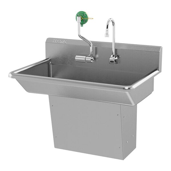 A stainless steel Haws wall-mount hand sink with faucet.