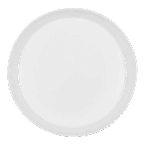 A close-up of a Bauscher bright white porcelain coupe plate with a round rim.