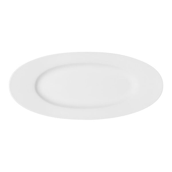 A bright white Bauscher oval porcelain platter with an oval edge.