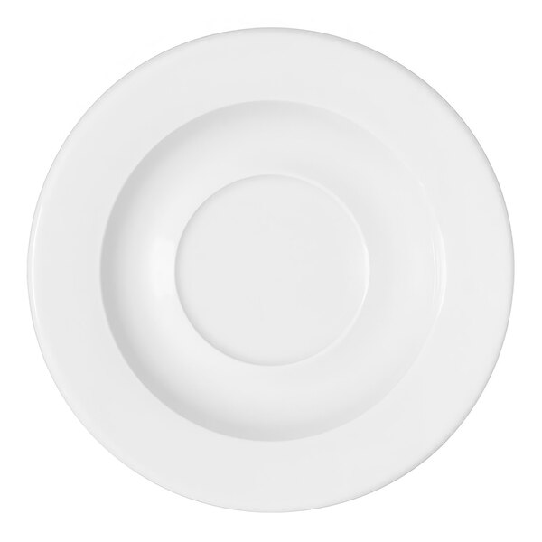 A Bauscher bright white porcelain saucer with a circle in the middle.