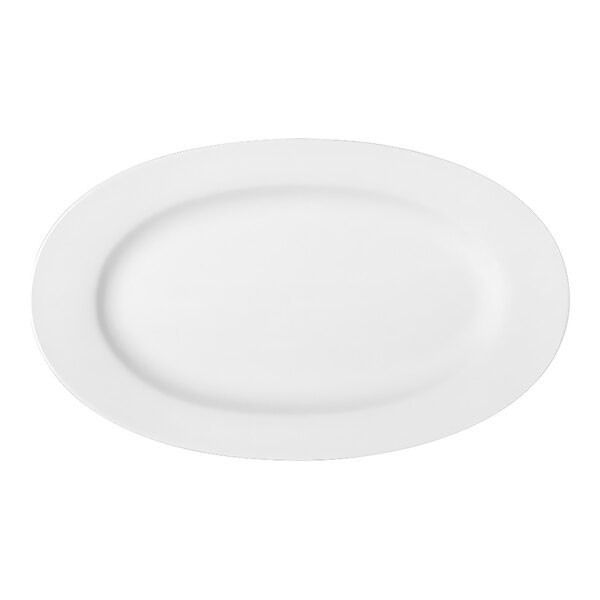 A Bauscher bright white oval porcelain platter with a white border.