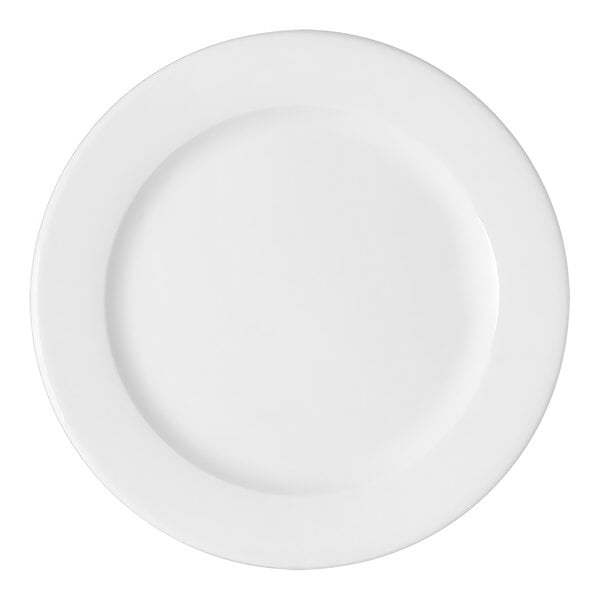 A Bauscher bright white porcelain plate with a white wide rim.