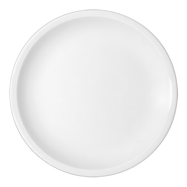 A bright white round porcelain coupe plate with a round rim.