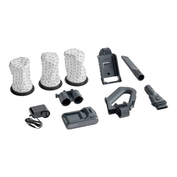 A group of parts for a NaceCare cordless stick vacuum including 6 pods and a crevice tool.