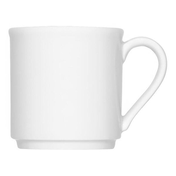 A close-up of a Bauscher bright white porcelain mug with a handle.