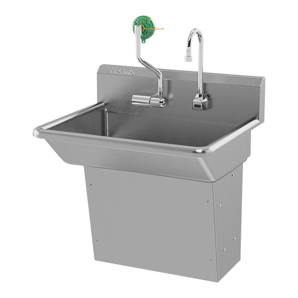 A stainless steel Haws wall-mount hand sink with faucet.