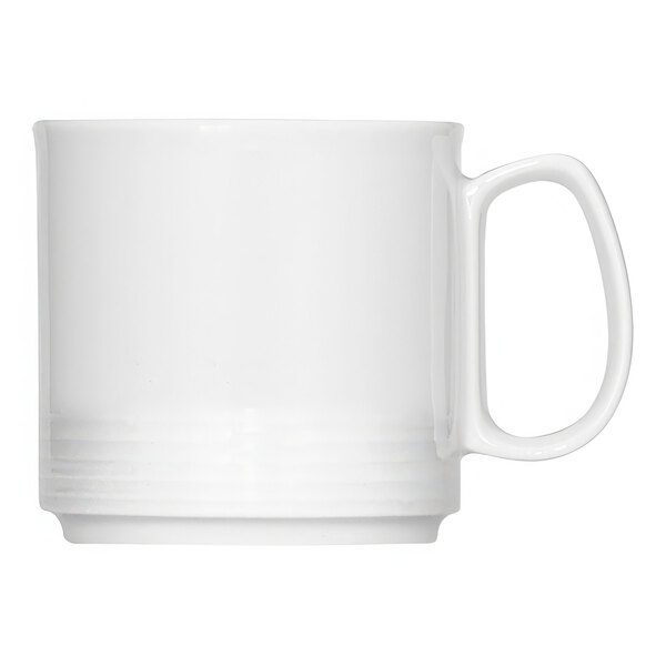 A Bauscher bright white porcelain mug with an embossed design and a handle.