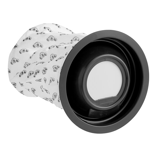 A white plastic bag with a black rim.