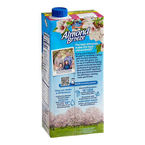 A close-up of an Almond Breeze carton of almond milk.